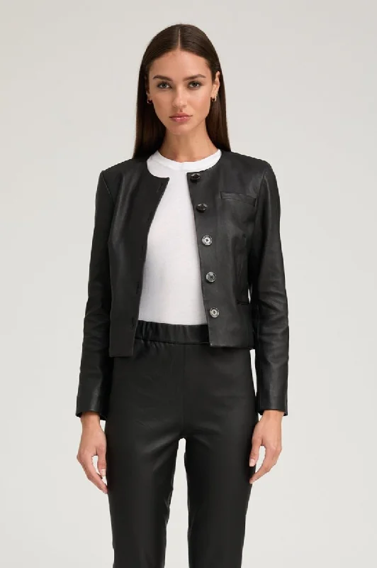 women's belted trench coat -Black Leather Shrunken Jacket