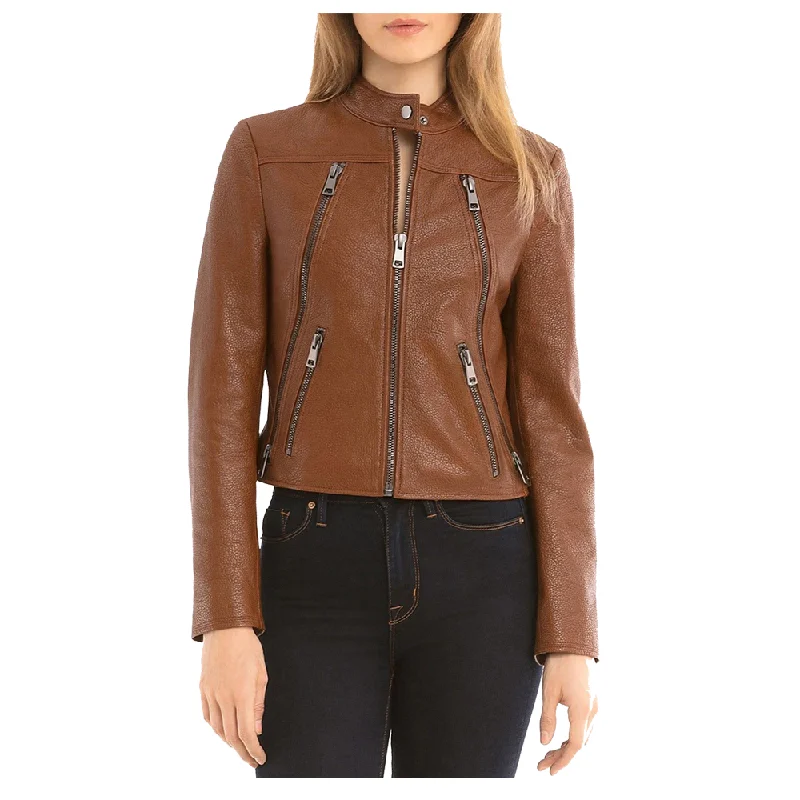 zip-up casual anorak jacket for women -Women Slim Fit Fashion Brown Biker Leather Jacket