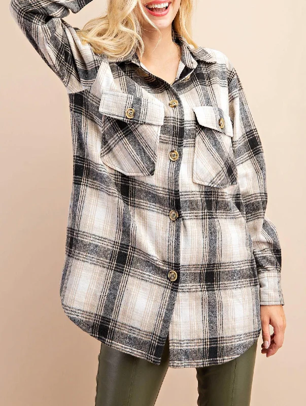 luxury designer winter coat for women -Plaid Shirt Jacket In Black/tan