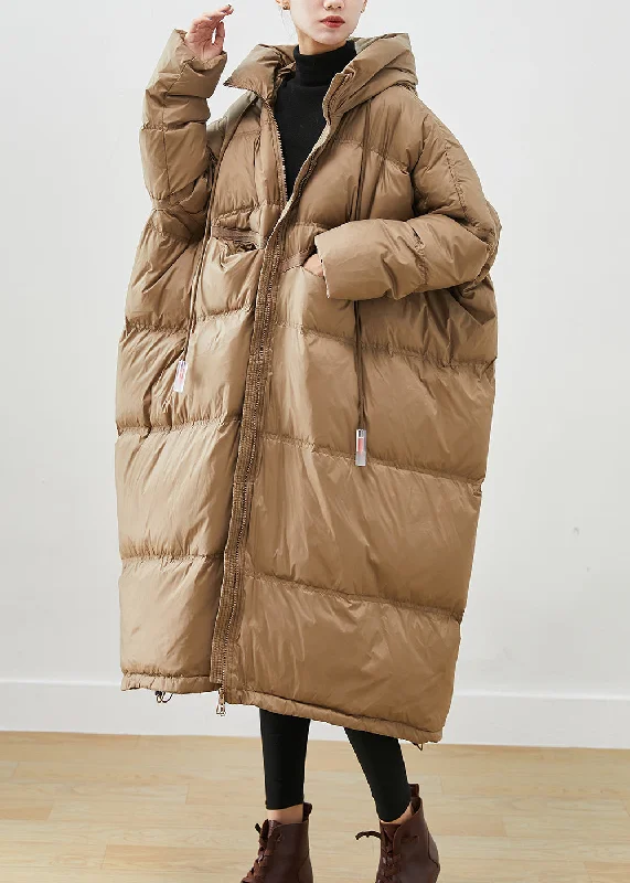 stylish women's blazer -Plus Size Khaki Oversized Drawstring Duck Down Winter Coats Winter