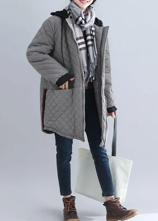 women's thermal long coat -Italian Grey Hooded Pockets Patchwork Fine Cotton Filled Coat Winter