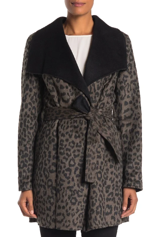 winter-ready faux shearling jacket for women -T Tahari Ella Leopard Double Faced Wool Wrap Belted Coat