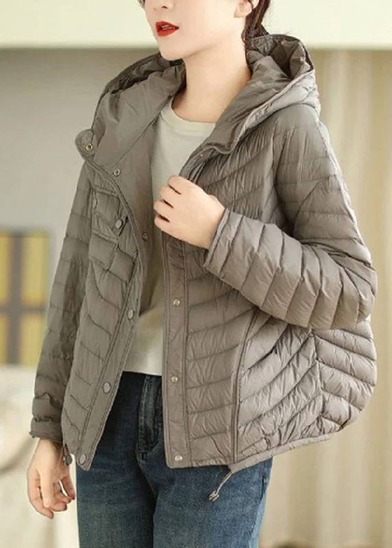 women's thermal long coat -Plus Size Grey Hooded Drawstring Fine Cotton Filled Jacket Winter