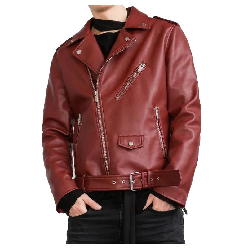 women's casual denim jacket -Slim Fit Glossy Red Leather Jacket