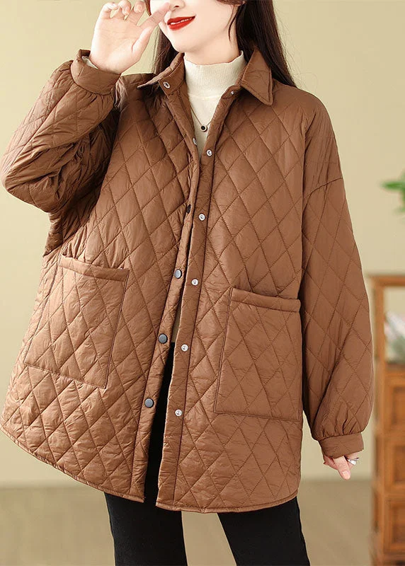 women's reversible coat -Women Coffee Peter Pan Collar Pockets Plaid Patchwork Parkas Long Sleeve