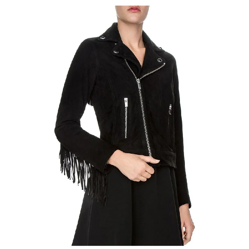 women's asymmetrical zip jacket -WOMEN SUEDE GENUINE LEATHER FRINGE BIKER JACKET