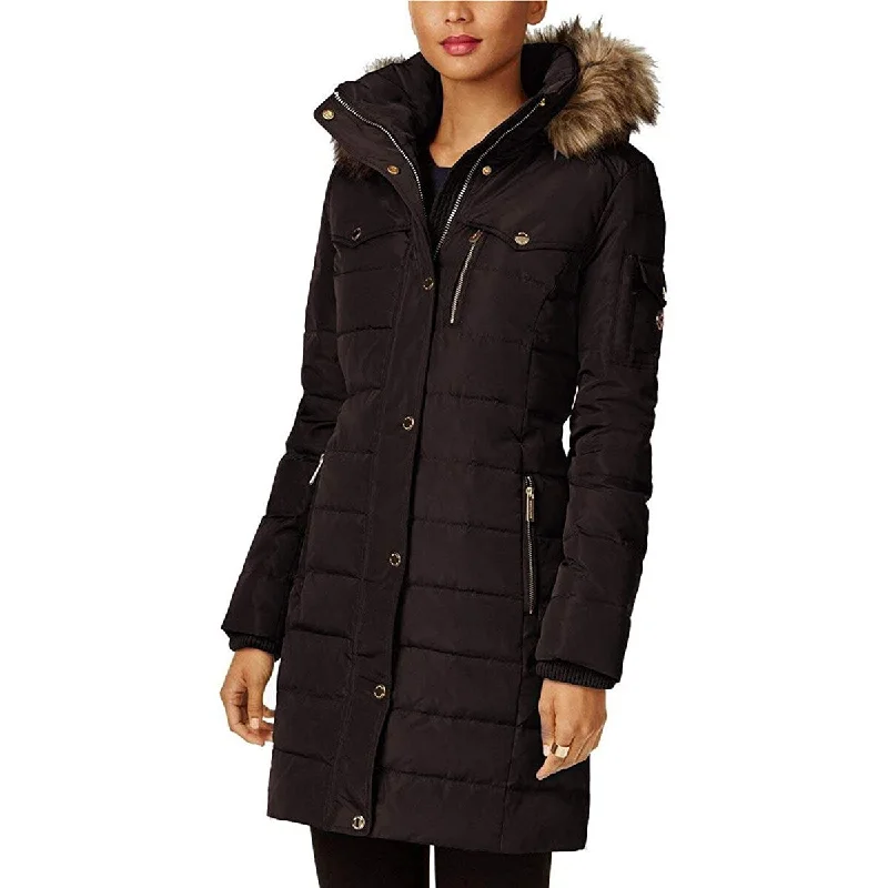 classic camel coat for ladies -Michael Michael Kors Women's Chocolate Brown 3/4 Down Puffer Coat with Hood