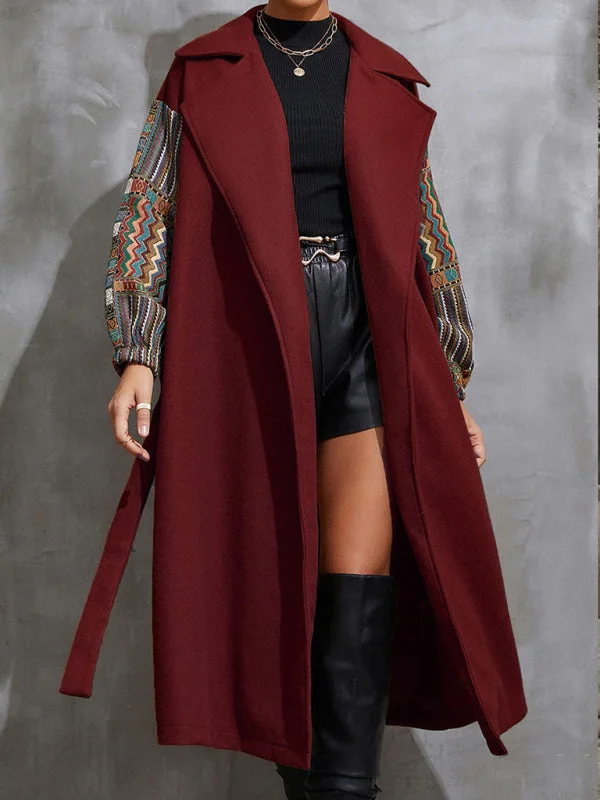 women's belted trench coat -Women’s Long Length Collared Overcoat With Patchwork Sleeves And Front Waist Tie Belt