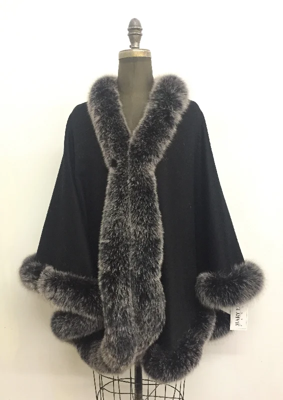 elegant wool cape for women -Vanessa Wrap Cape -  Cashmere & Wool Blend-Genuine Fox Trim All Around Edge