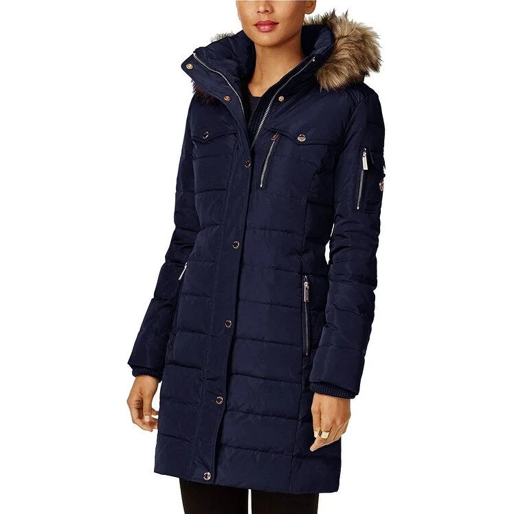 urban style cropped puffer jacket -Michael Michael Kors Women's Navy Blue Down Coat Quilted Jacket 3/4