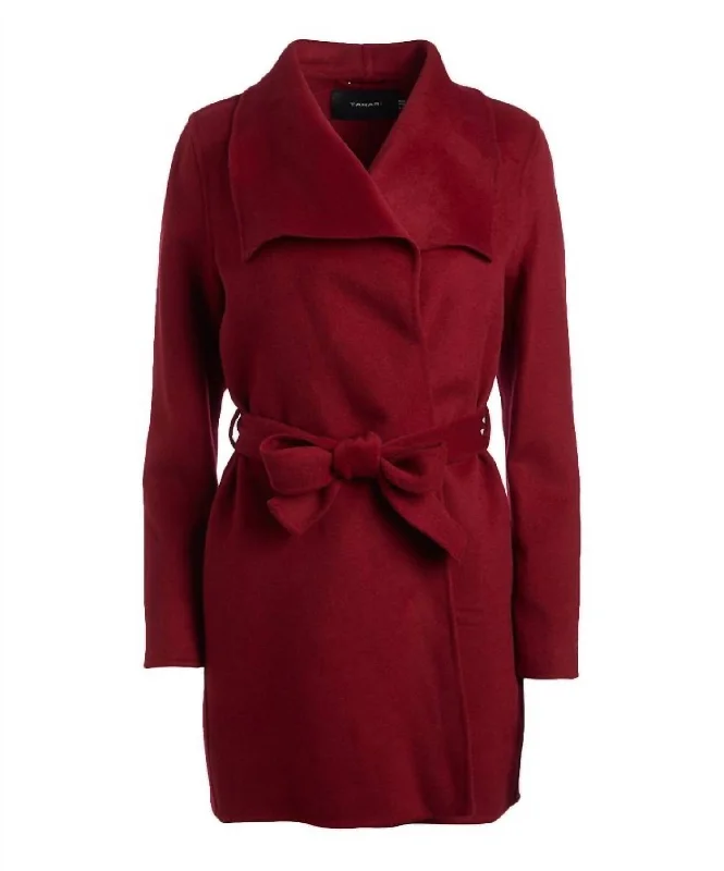 ladies' fleece zip-up jacket -Women Large Collar Belted Wool Blend Coat Jacket In Deep Red