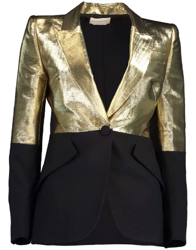 ladies' puffer jacket -Black and Gold One Button Jacket