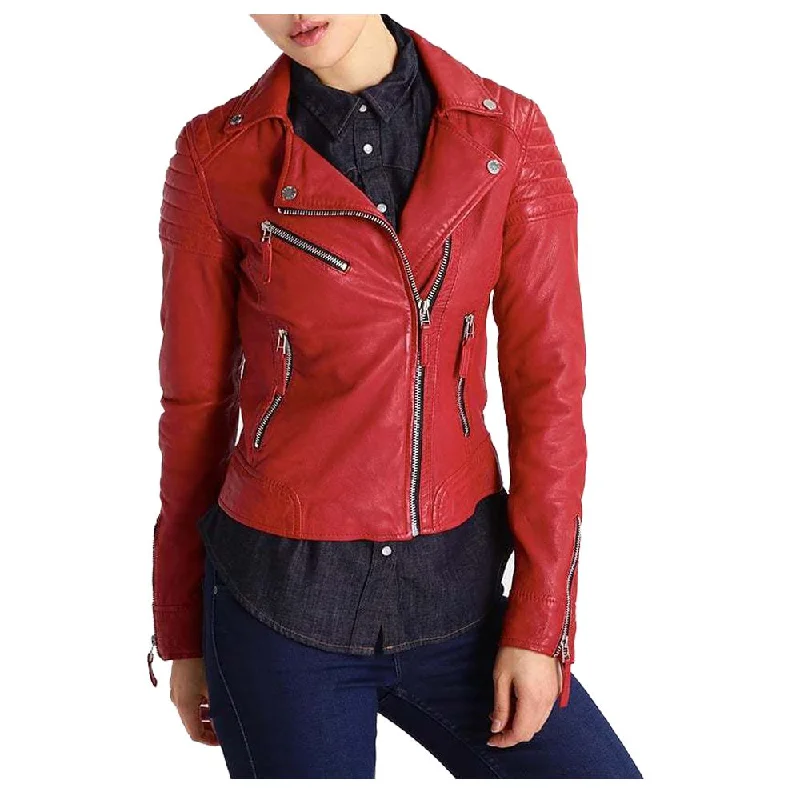 versatile trench coat for ladies -Women Red Leather Slim Fit Jacket