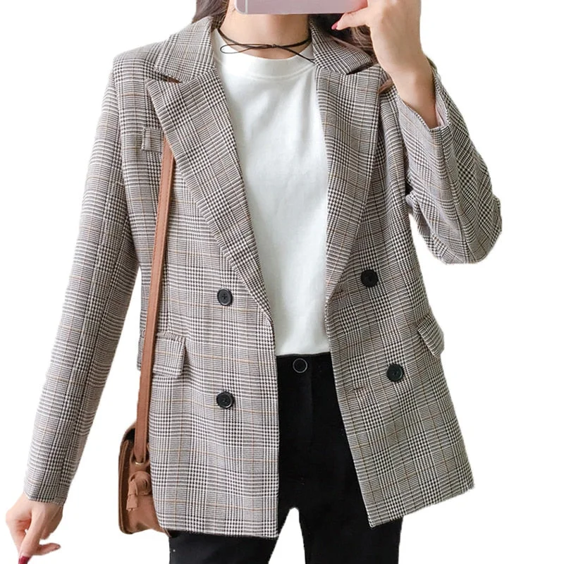 women's classic pea coat -Plaid Blazer Women 2018 Double Breasted Winter Coat Woman Blazers Feminino Casual Work Suit Long Sleeve Jacket Mujer Chic Cotton