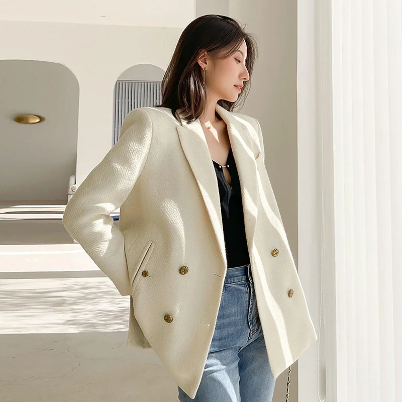 classic women's wool coat -White Thicken Wool Blazer Coat,Double Breasted Wool Coat,Black Wool Suit Coat