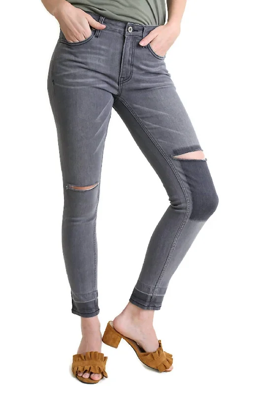 ultra-high-rise cigarette jeans for ladies -Distressed Denim Stretch Jean In Light Grey