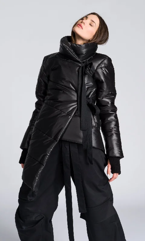 ladies' lightweight anorak coat -Asymmetric Quilted Jacket with Ribbon Closure