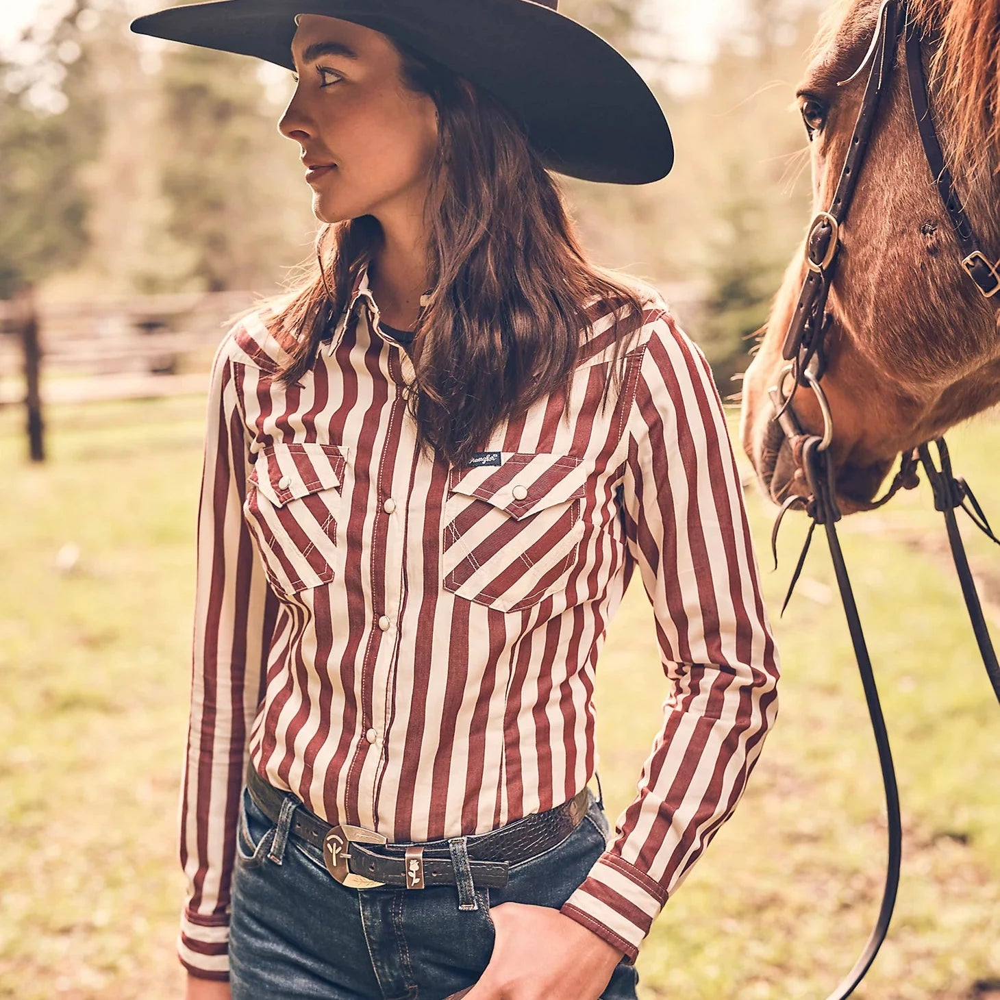 women’s ruffle hem short sleeve blouse -Wrangler Retro Women's L/S All Occasion Western Snap Shirt in Burgundy Stripe