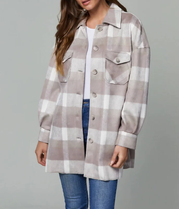 women's cropped bomber jacket -Plaid Shacket Front Pockets In Taupe