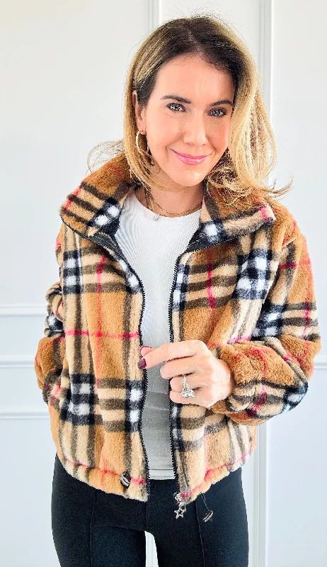 ladies' designer overcoat -Plaid Fur Zip Jacket