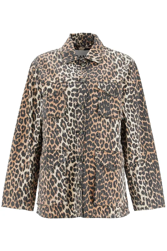 ladies' long hooded winter coat -Ganni Women's Leopard Print Canvas Overshirt