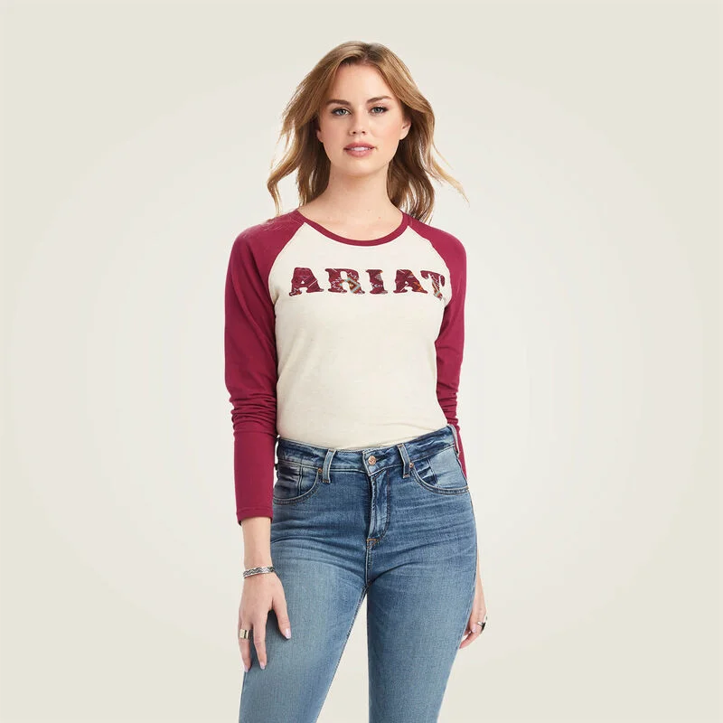 women's puff sleeve short sleeve blouse -Ariat Women's REAL Ariat Baseball Shirt, Oatmeal Heather|Beet Red