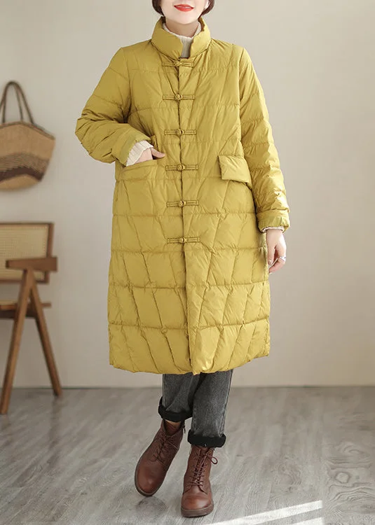 waterproof hiking jacket for women -New Yellow Button Pockets Patchwork Cotton Filled Parka Fall