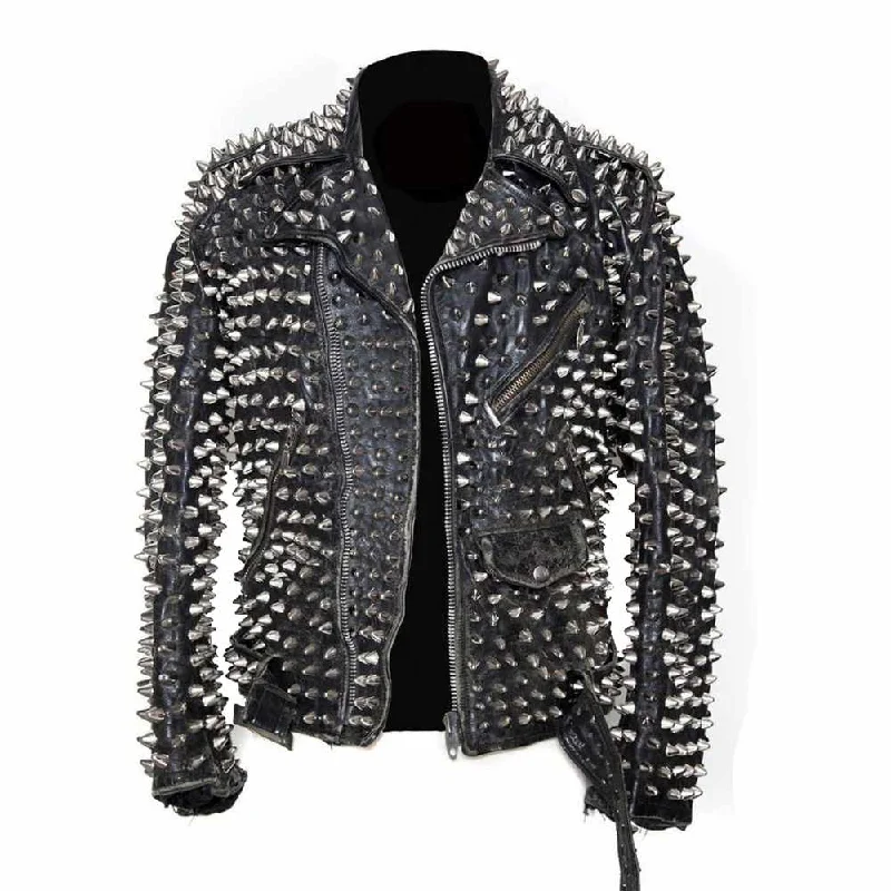 professional work blazer for women -Men Punk Metal Motorcycle Studded Black Leather Jacket