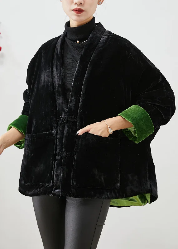 ladies' designer overcoat -Handmade Black Chinese Button Thick Cotton Filled Silk Velour Coats Winter