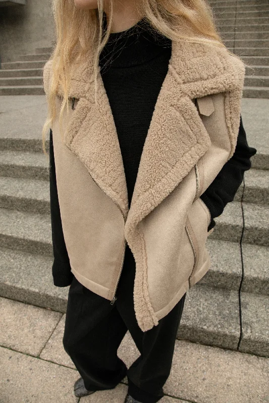 women's thermal long coat -VEGAN SUEDE SHERPA AVIATOR VEST