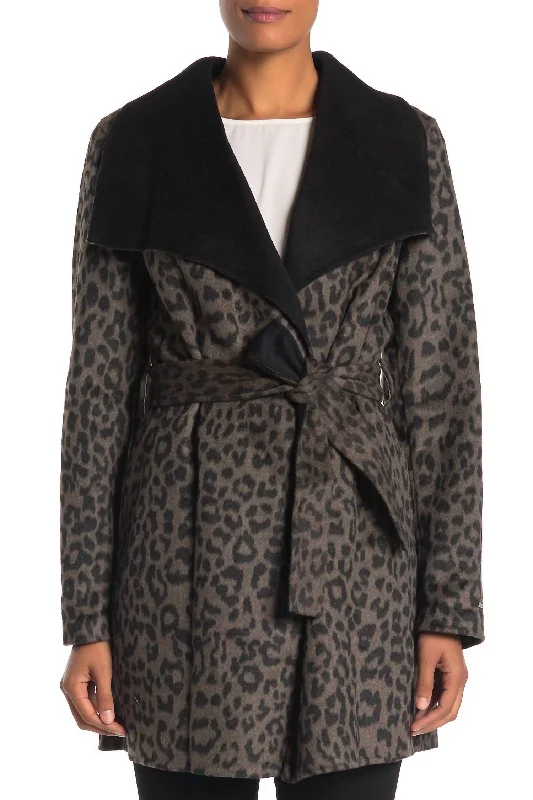 women's lightweight cargo jacket -Ella Double Faced Wool Wrap Belted Coat In Leopard