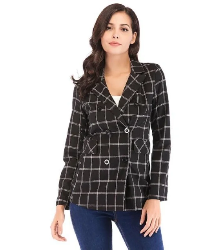 ladies' lightweight anorak coat -Womens Double Breasted Black Checkered Blazer