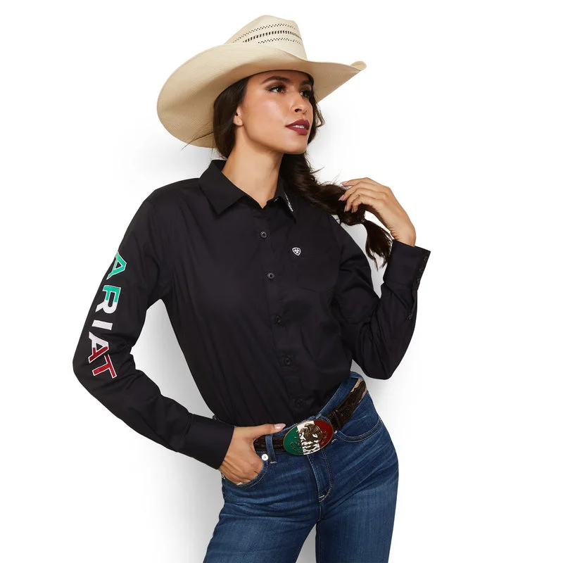 classic polo style short sleeve shirt for women -Ariat Women's Wrinkle Resist Team Kirby Stretch Shirt, Black/ Mexico