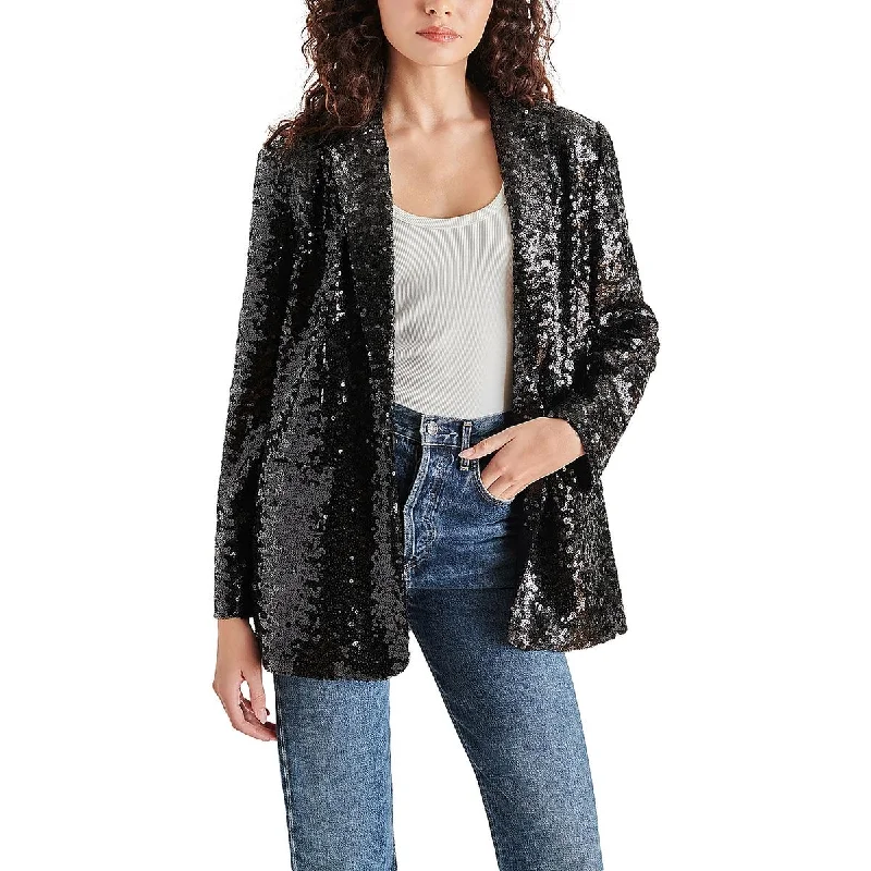 breathable softshell jacket for women -Steve Madden Womens Sequined Notch Collar One-Button Blazer