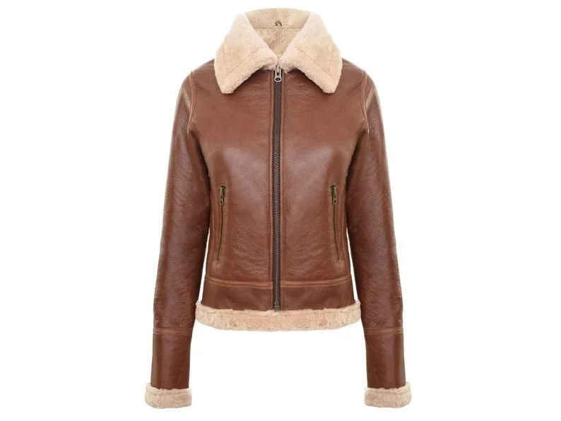 urban style cropped puffer jacket -Women's Brown/Black Aviator Biker Genuine Shearling Leather Jacket