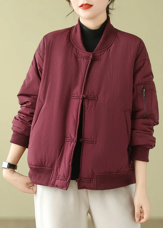 ladies' sporty windbreaker -Wine Red Pockets Patchwork Cotton Filled Parka Stand Collar Winter