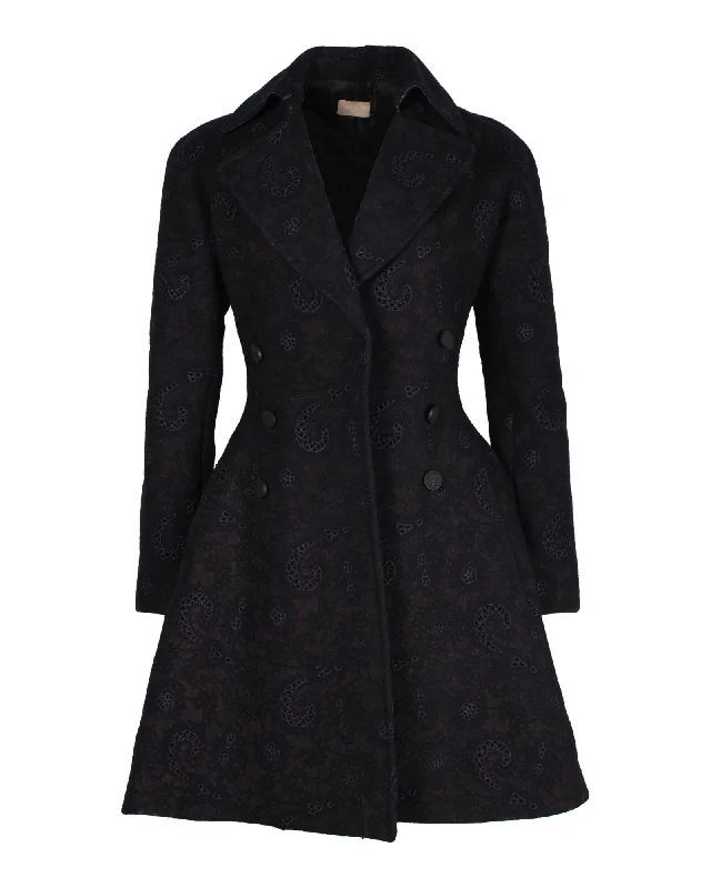 ladies' lightweight anorak coat -Alaia Printed Flared Coat in Black Wool