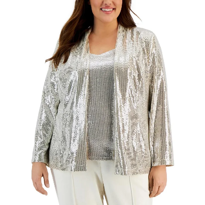 stylish fleece-lined coat for women -Anne Klein Womens Plus Metallic Dressy Open-Front Blazer