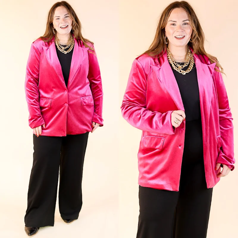 women's faux fur-lined parka -Touch Of Luxury Long Sleeve Velvet Blazer in Fuchsia Pink