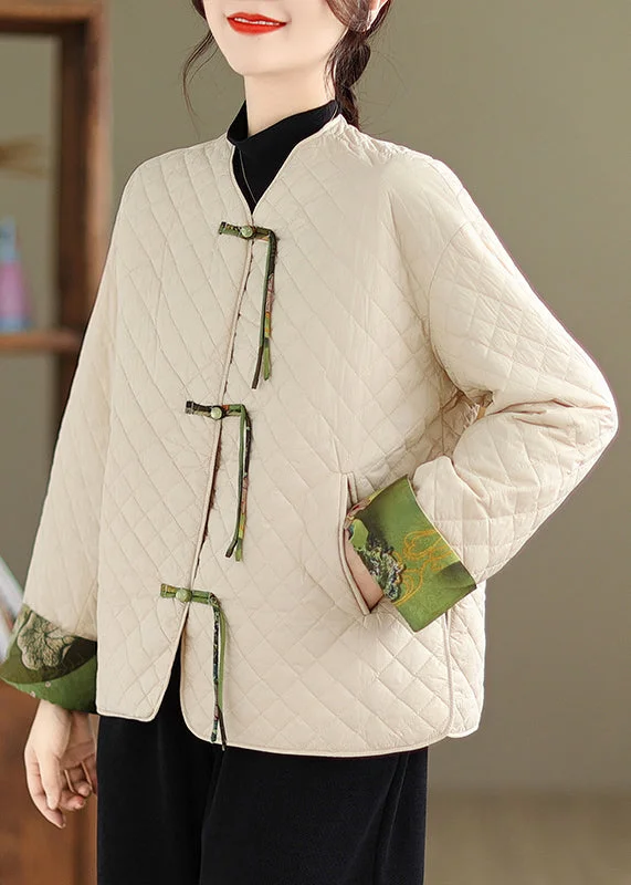 casual coats for women -Apricot Patchwork Fine Cotton Filled Coat Tasseled Chinese Button Winter