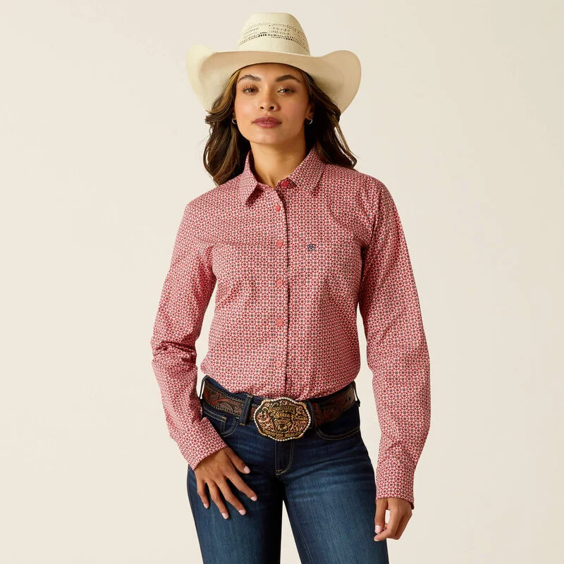 lightweight moisture-wicking short sleeve shirt -Ariat Women's Kirby Stretch Shirt, Garnet Rose Geo