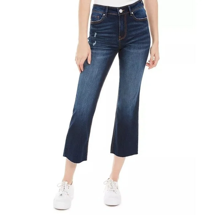 ladies' low-rise stretch jeans -Indigo Rein Juniors' Ripped Cropped Flare-Leg Jeans Dark Blue Size 7