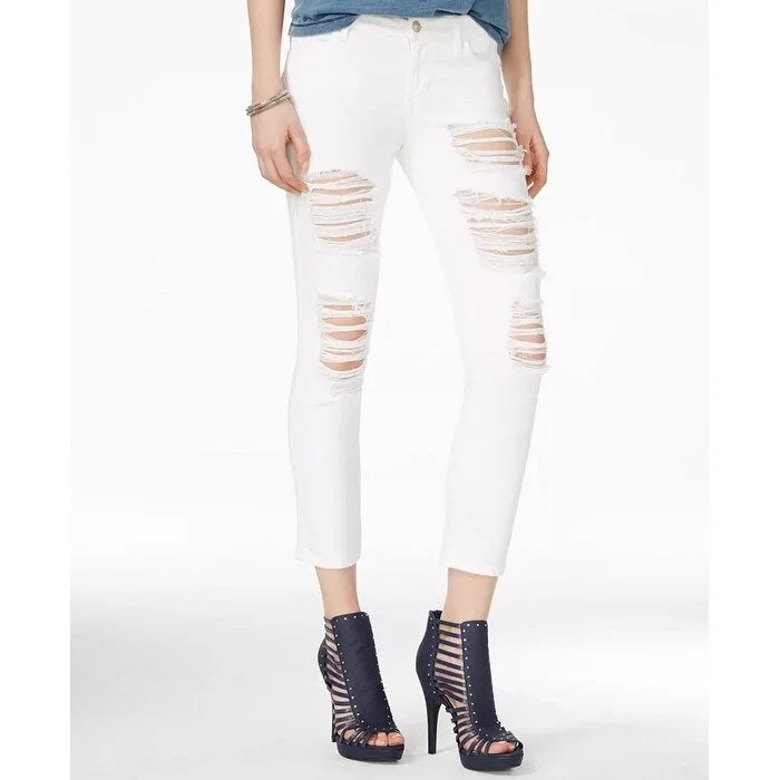 ultra-high-rise cigarette jeans for ladies -Guess Women's Ripped Ordeal White Wash Cropped Skinny Jeans White Size 32