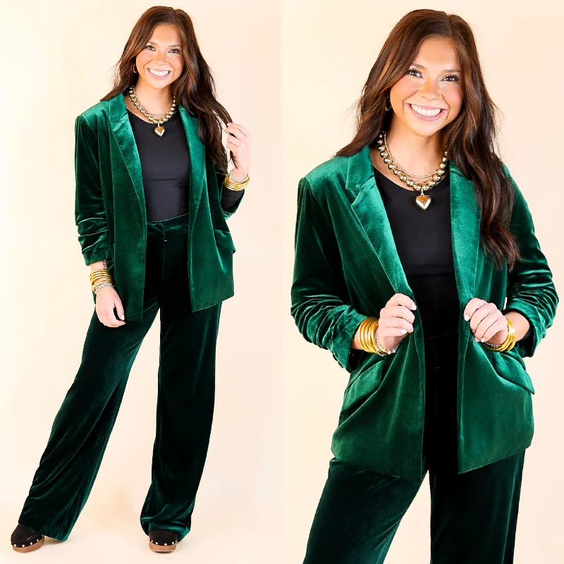 fashionable belted wool coat for women -Chic Arrival 3/4 Sleeve Velvet Blazer in Green