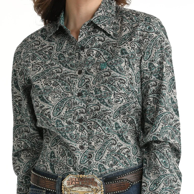 lightweight short sleeve blouse for women -Cinch Women's L/S Grey & Teal Paisley Western Button Down Shirt