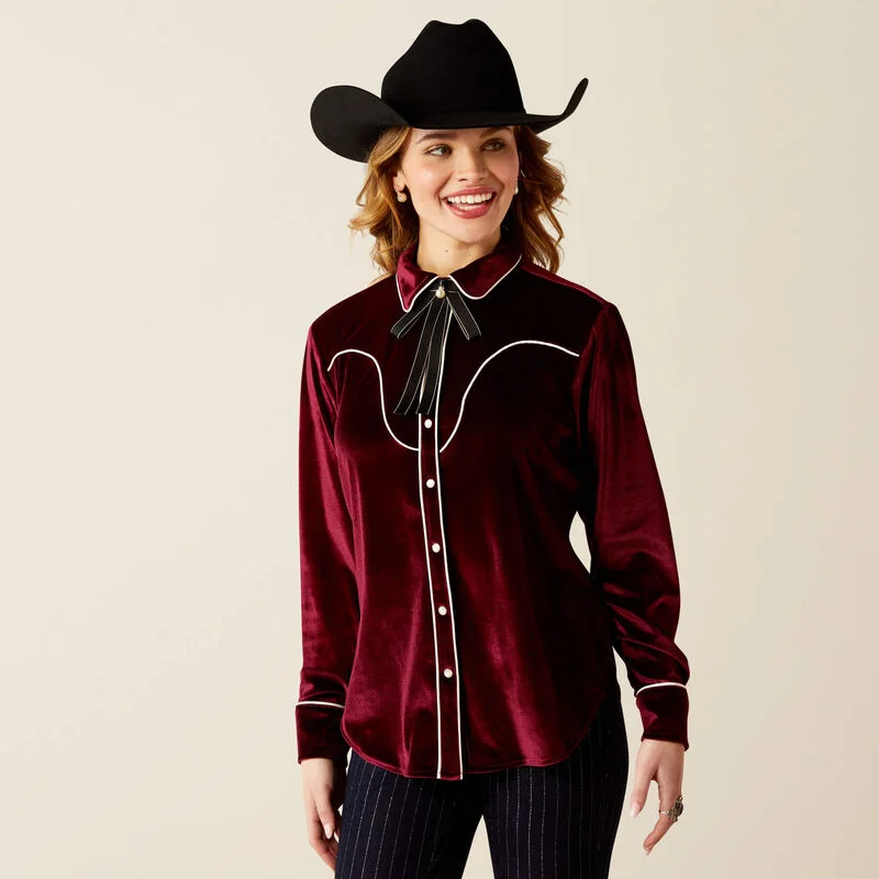 ladies' soft touch short sleeve shirt -Ariat Women's Casa Rosa L/S Western Snap Shirt in Burgundy Velvet