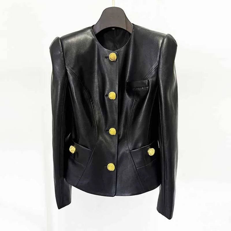 luxury designer winter coat for women -Collarless Faux Leather Jacket with Snail-shaped Buttons