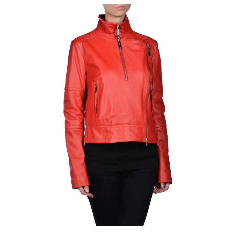 stylish longline coat for women -Red Slim Fit Leather Jacket Women