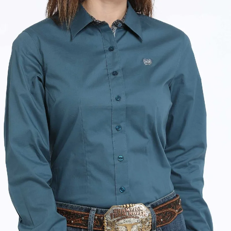 women's breathable mesh short sleeve top -Cinch Women's L/S Solid Teal Western Button Down Shirt