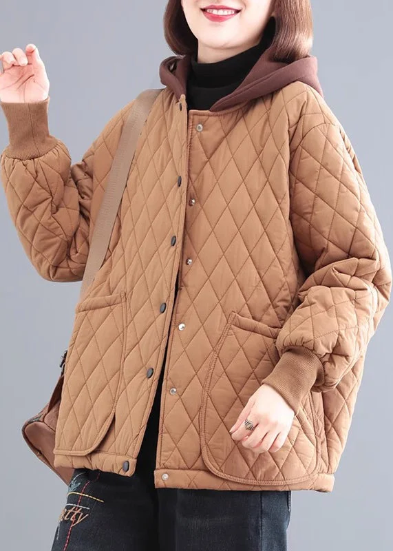 classic camel coat for ladies -Khaki Patchwork Fine Cotton Filled Parka Hooded Pockets Winter